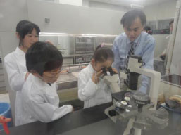 がん細胞を観察する子供たち